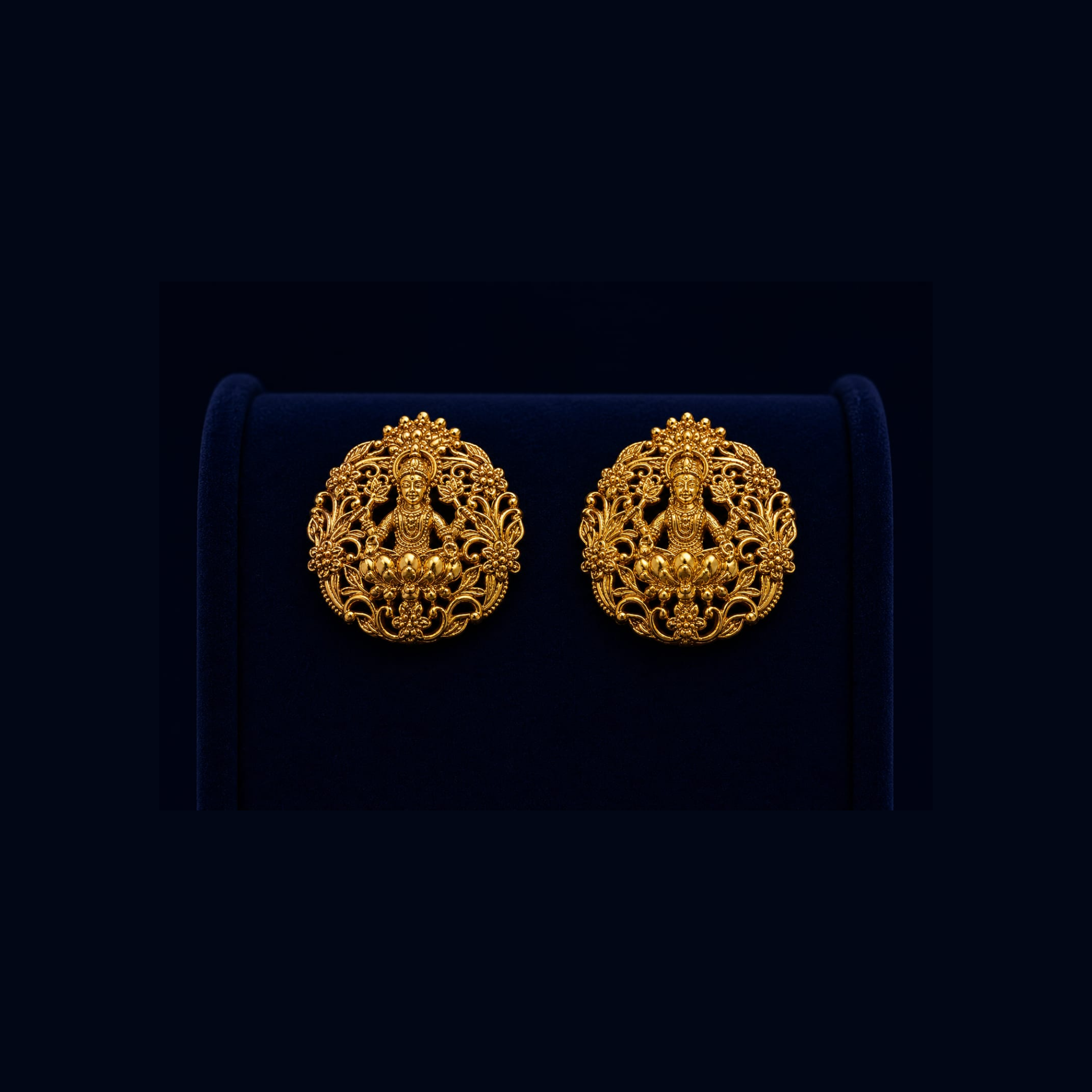 Temple Lakshmi Filigree Stud Earrings | Intricate Antique Gold Design | Heritage Ethnic Jewellery