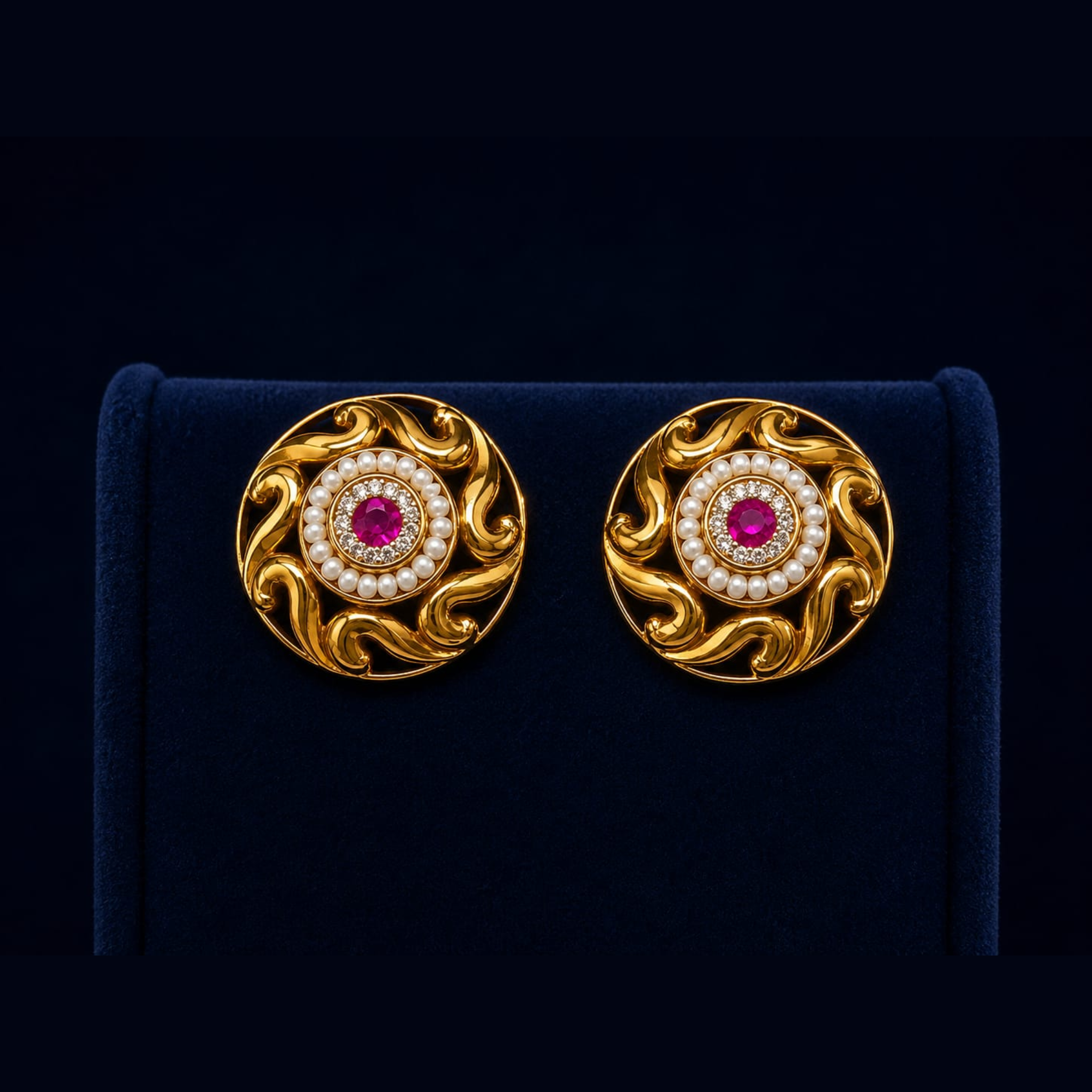 Ruby Floral Stud Earrings | Antique Gold Finish | Classic Traditional Jewellery