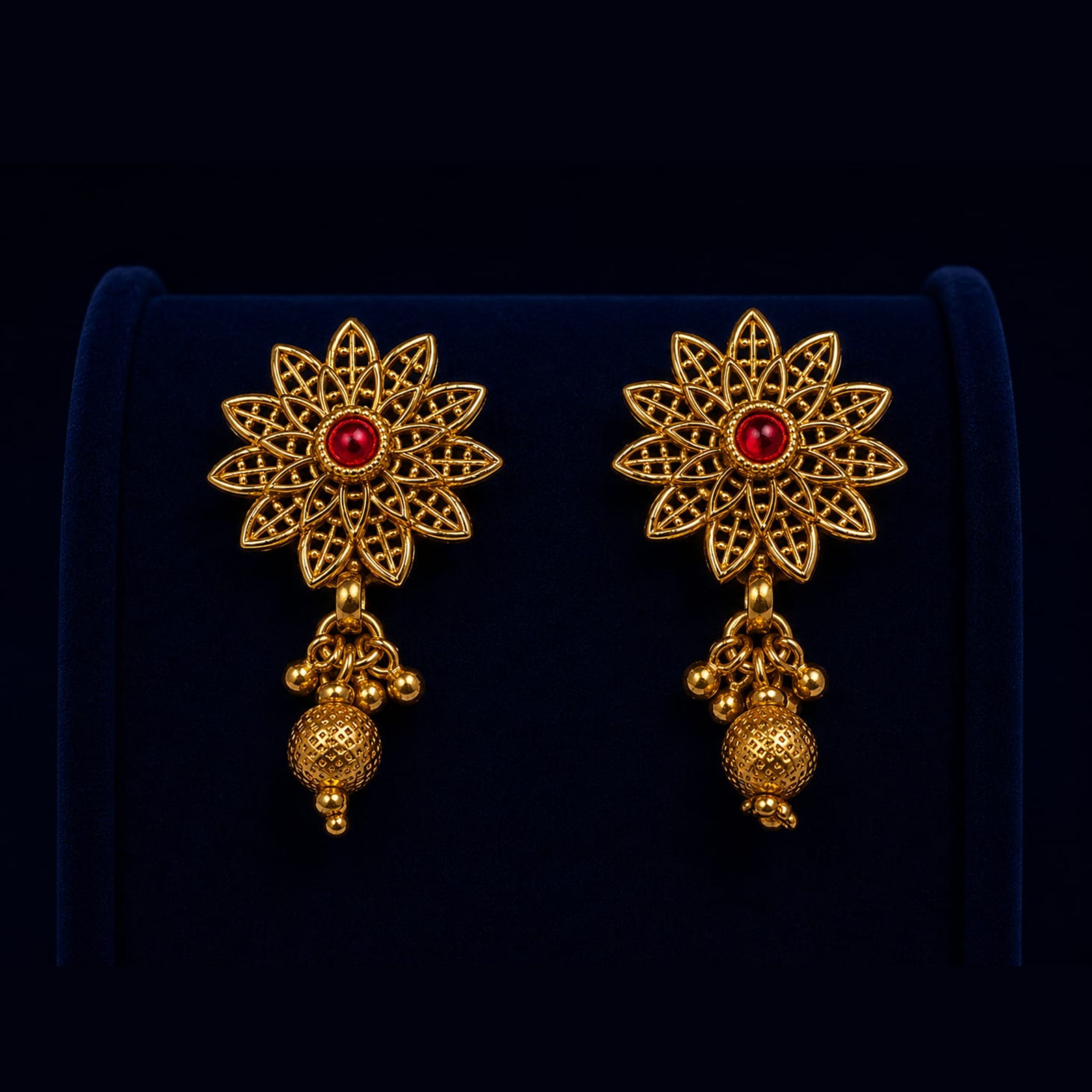 Floral Ruby Drop Earrings | Intricate Filigree Design | Traditional Antique Gold Jewellery