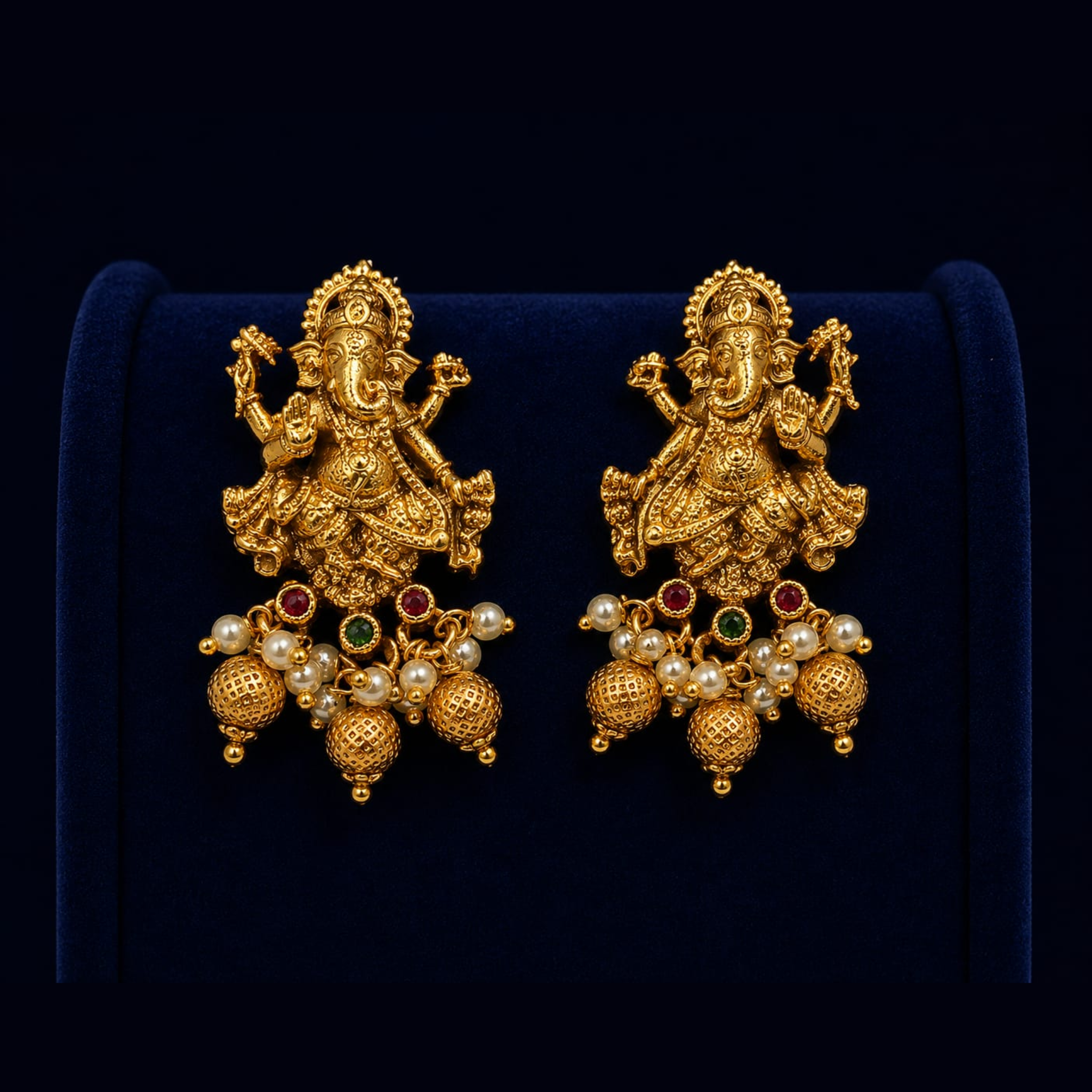 Lord Ganesha Pearl Drop Earrings | Antique Gold Finish | Traditional Temple Jewellery