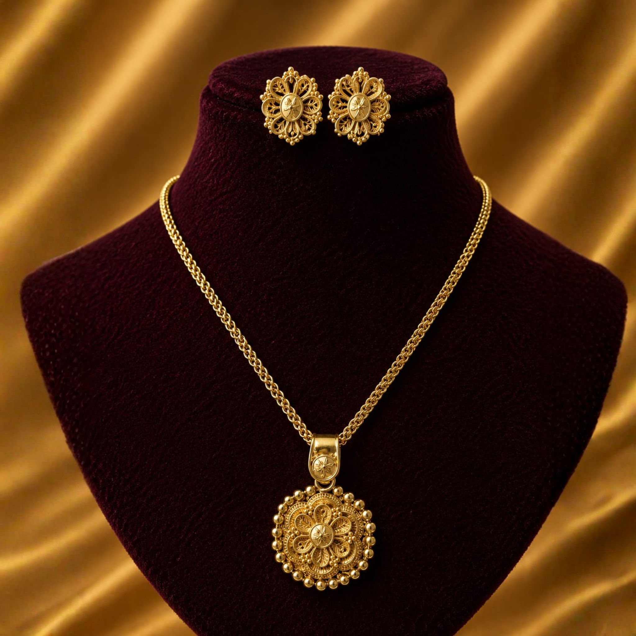 Floral Pendant Set | Antique Gold Finish | Traditional Matching Jewellery Set