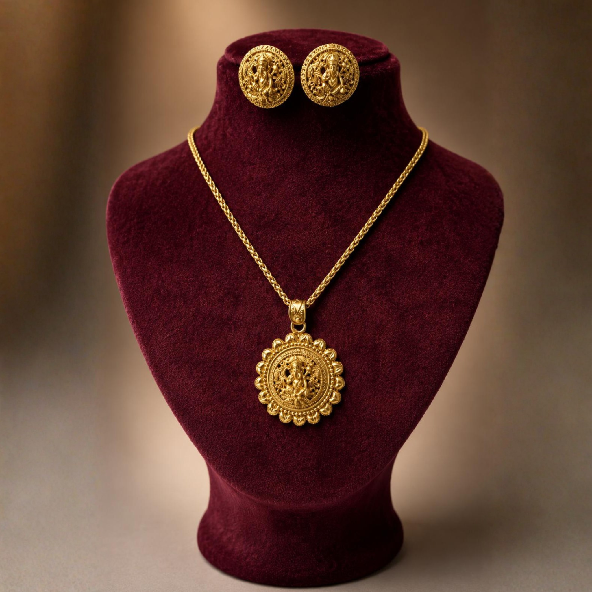 Temple Ganesha Pendant Set | Antique Gold Finish | Traditional Heritage Jewellery