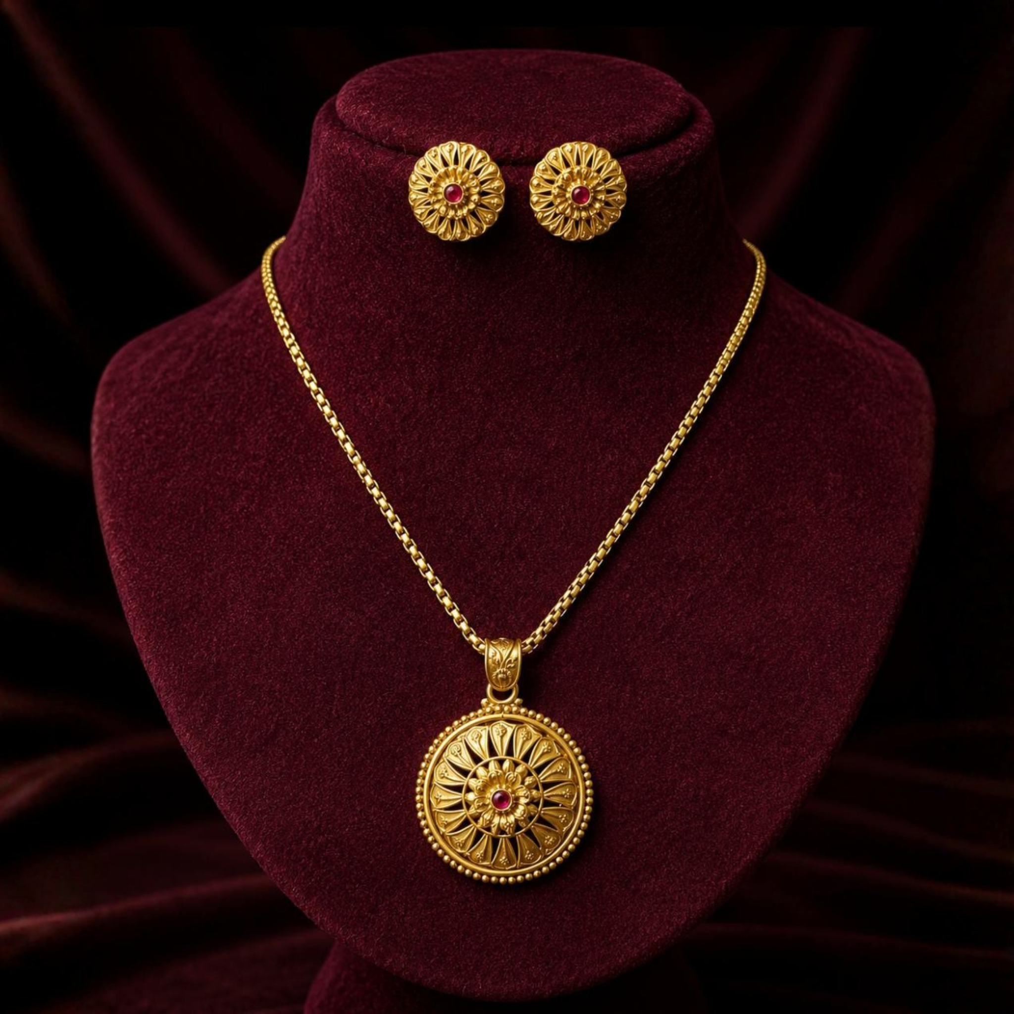 Sunburst Pendant Set | Antique Gold Finish | Traditional Designer Jewellery