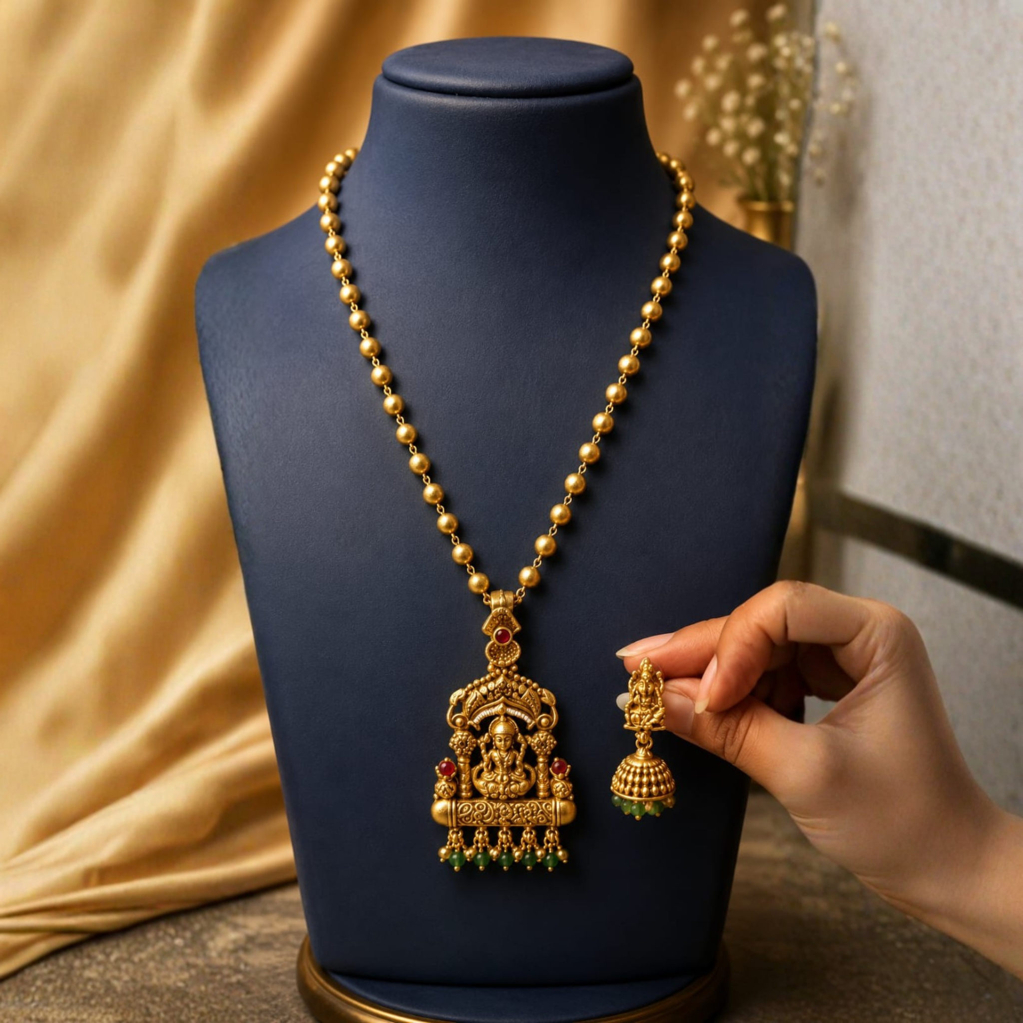 Temple Lakshmi Pendant & Jhumka Set | Antique Gold Finish | Traditional Heritage Jewellery