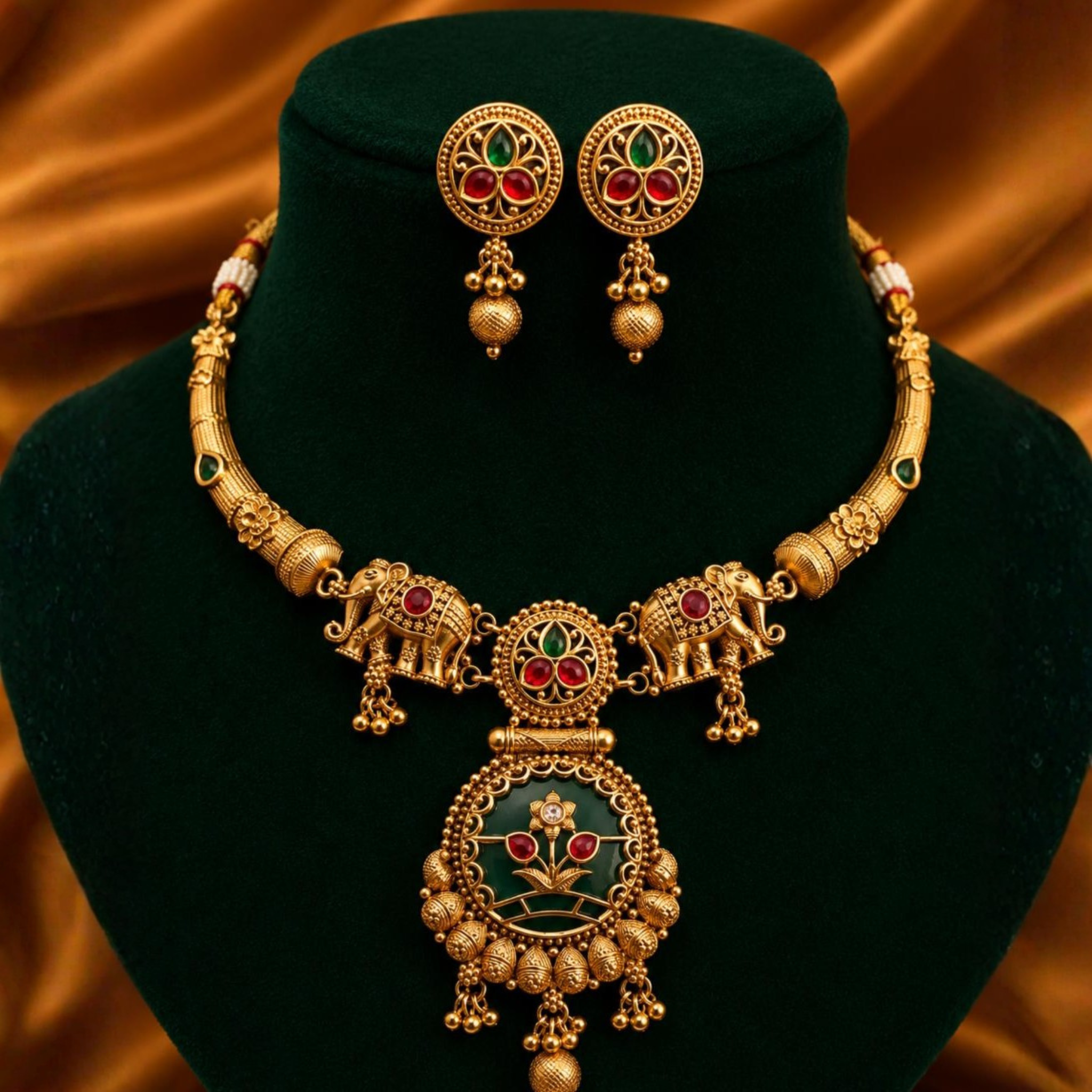 Temple Floral Choker Set | Ruby & Emerald Stone Design | Antique Gold Heritage Jewellery