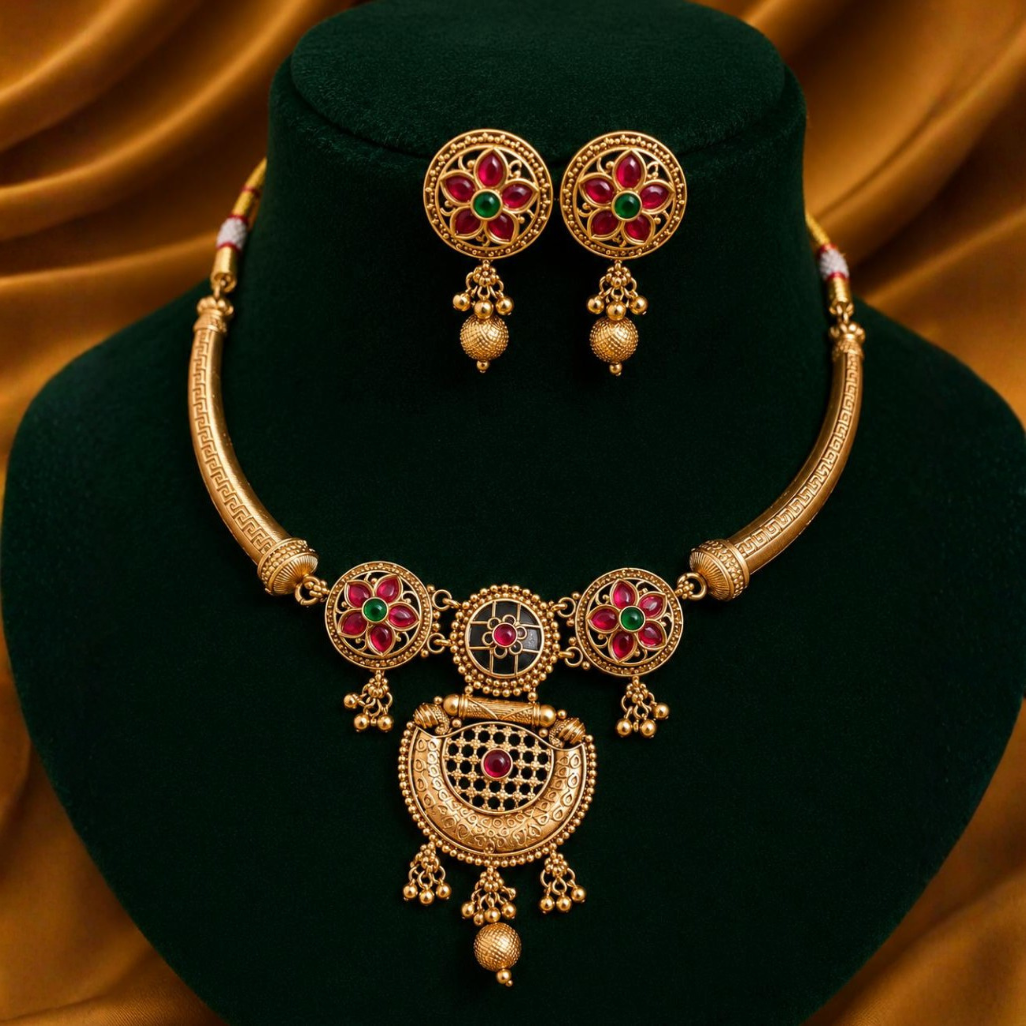 Floral Temple Choker Set | Ruby & Emerald Stone Design | Traditional Antique Gold Jewellery