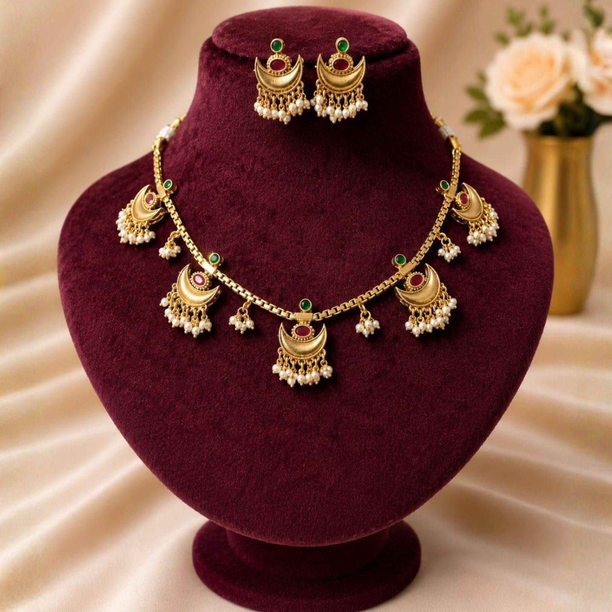 Pearl Charm Necklace Set | Ruby & Emerald Stone Design | Traditional Antique Gold Jewellery