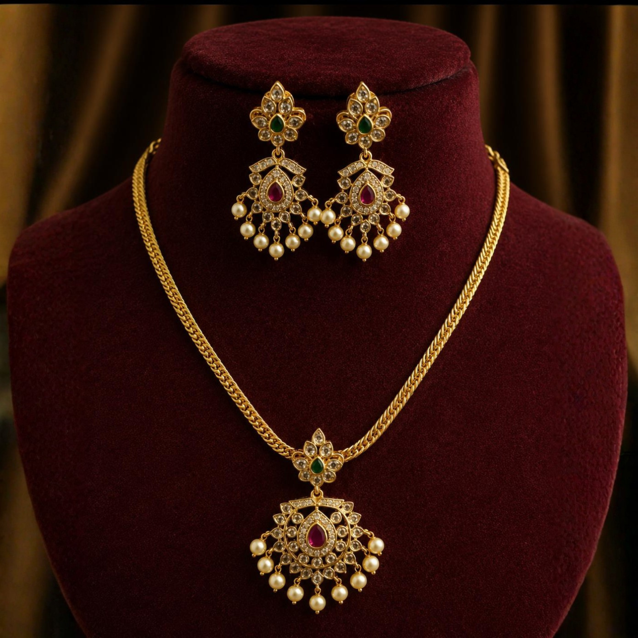 Kundan Pearl Pendant Set | Ruby & Emerald Stone Design | Traditional Antique Gold Jewellery