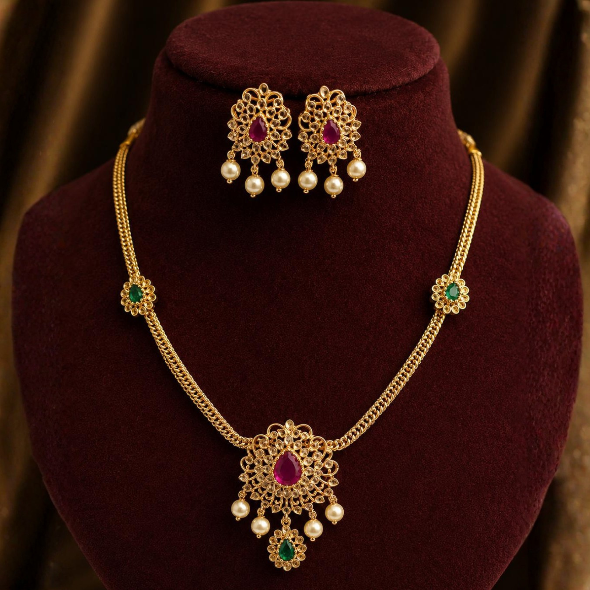 Filigree Pearl Pendant Set | Ruby & Emerald Stone Design | Traditional Antique Gold Jewellery