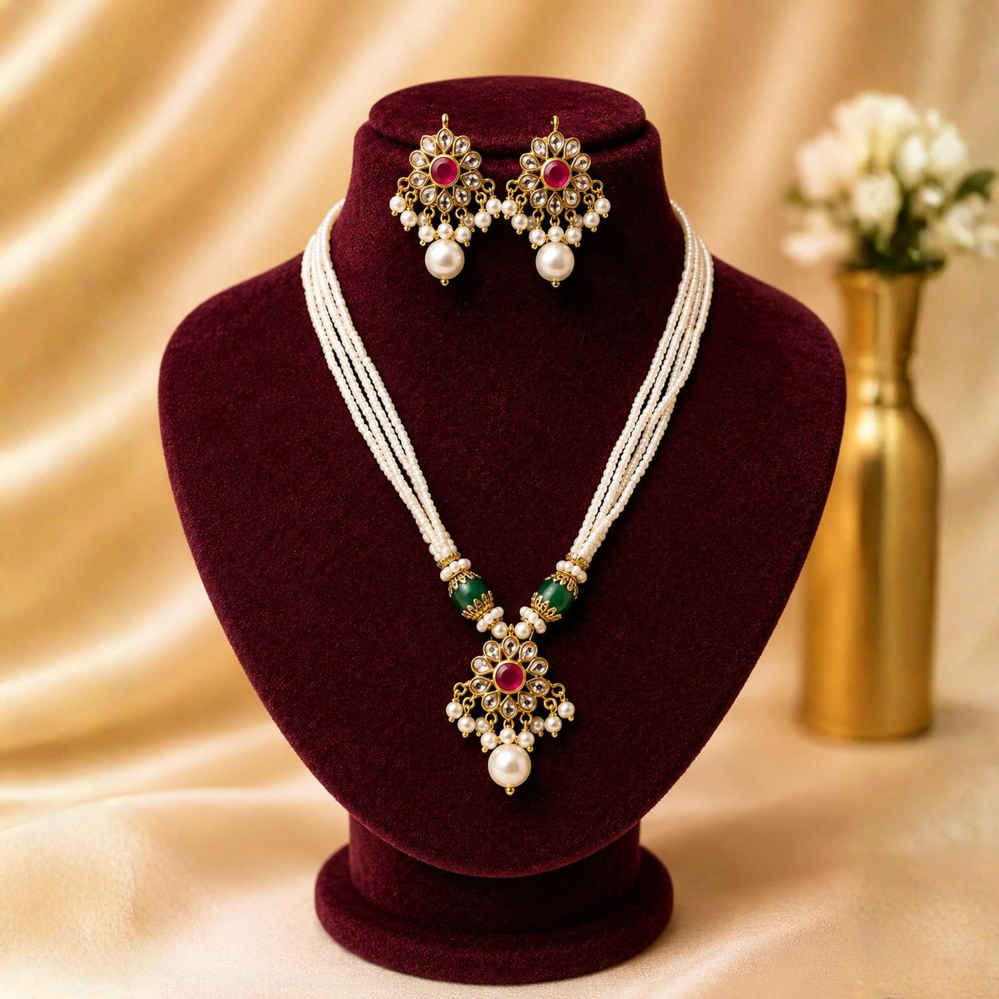 Pearl Strand Pendant Set | Ruby Stone & Green Bead Accents | Traditional Heritage Jewellery