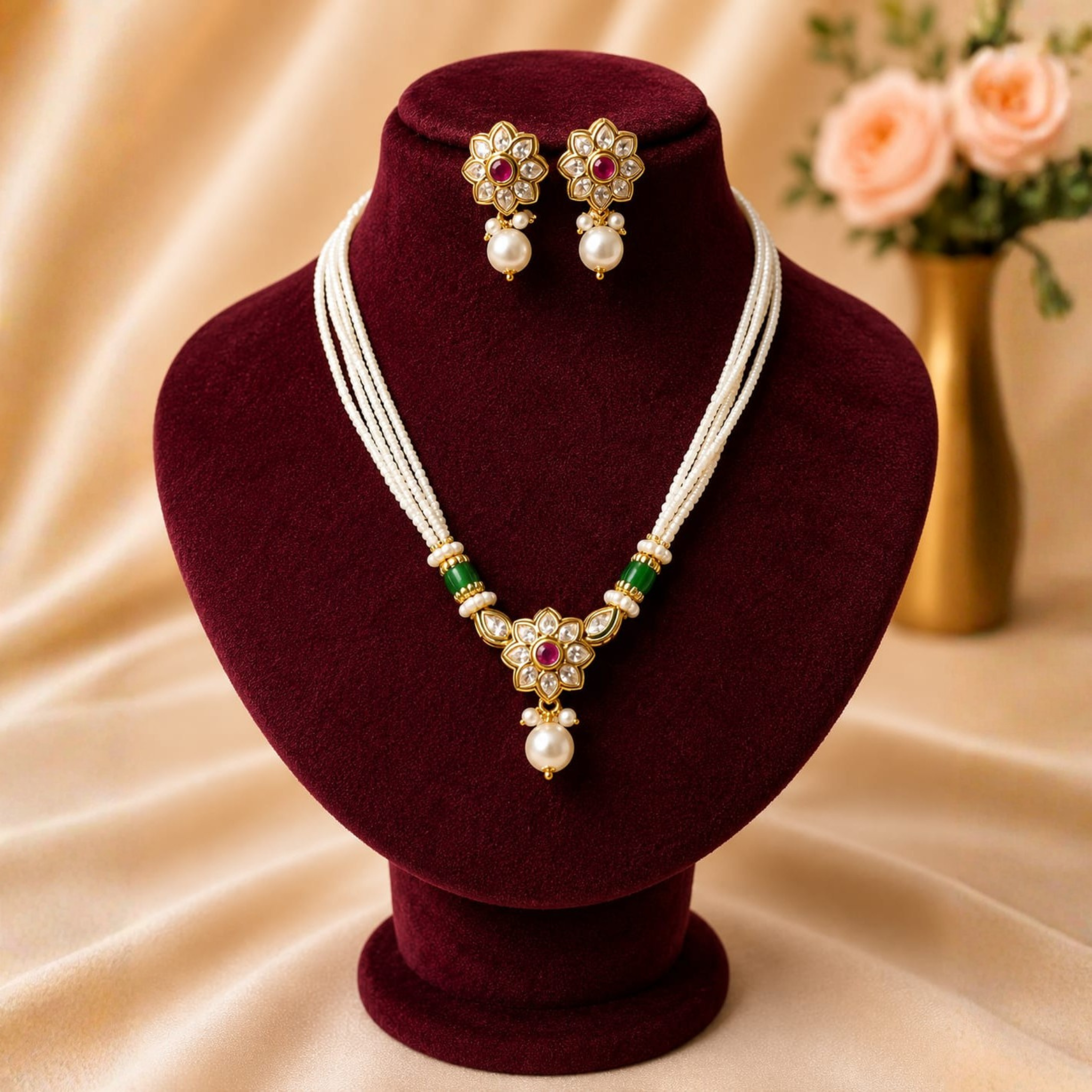 Floral Pearl Strand Pendant Set | Ruby Stone & Green Bead Accents | Traditional Elegant Jewellery