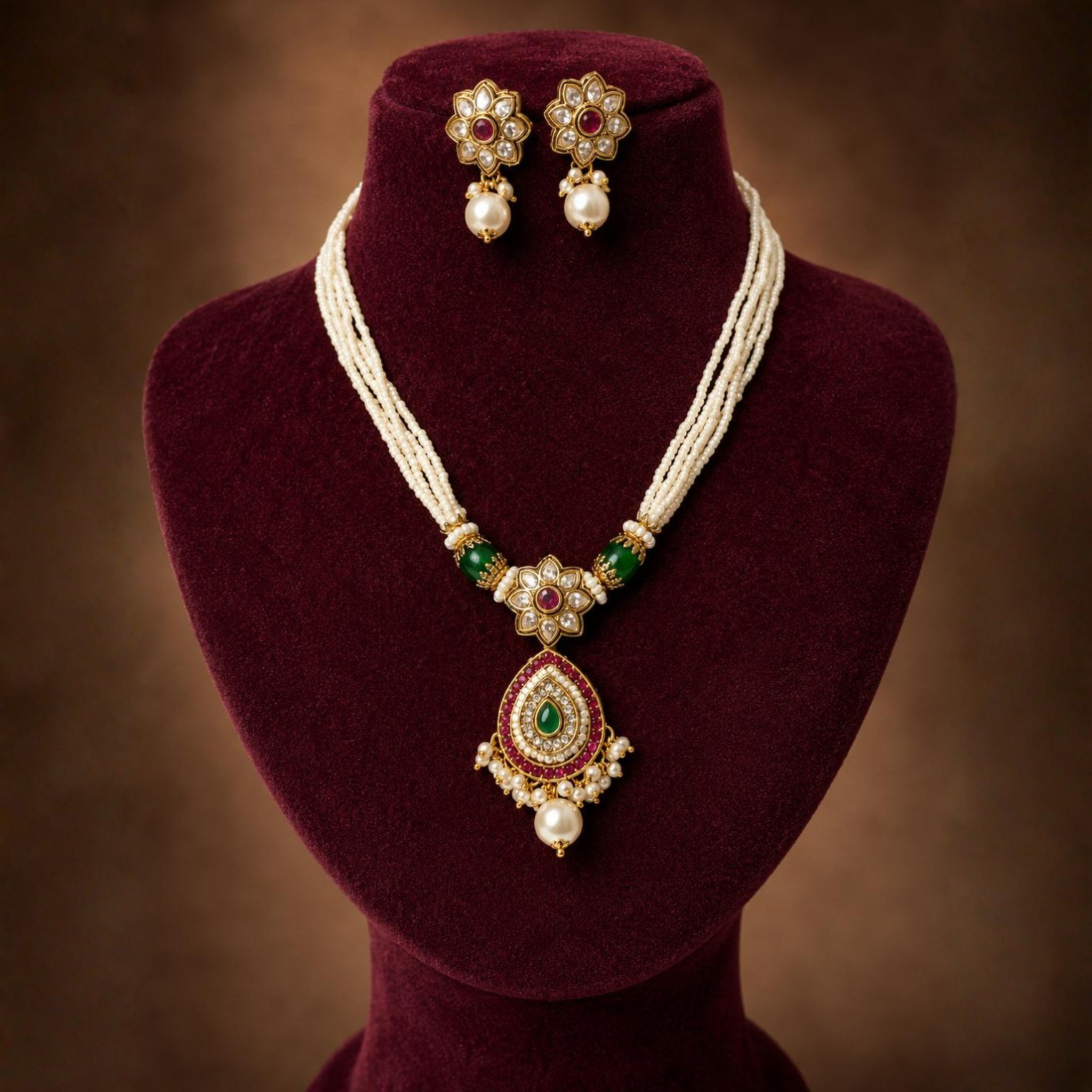 Pearl Strand Teardrop Pendant Set | Ruby, Emerald & Kundan Design | Traditional Heritage Jewellery