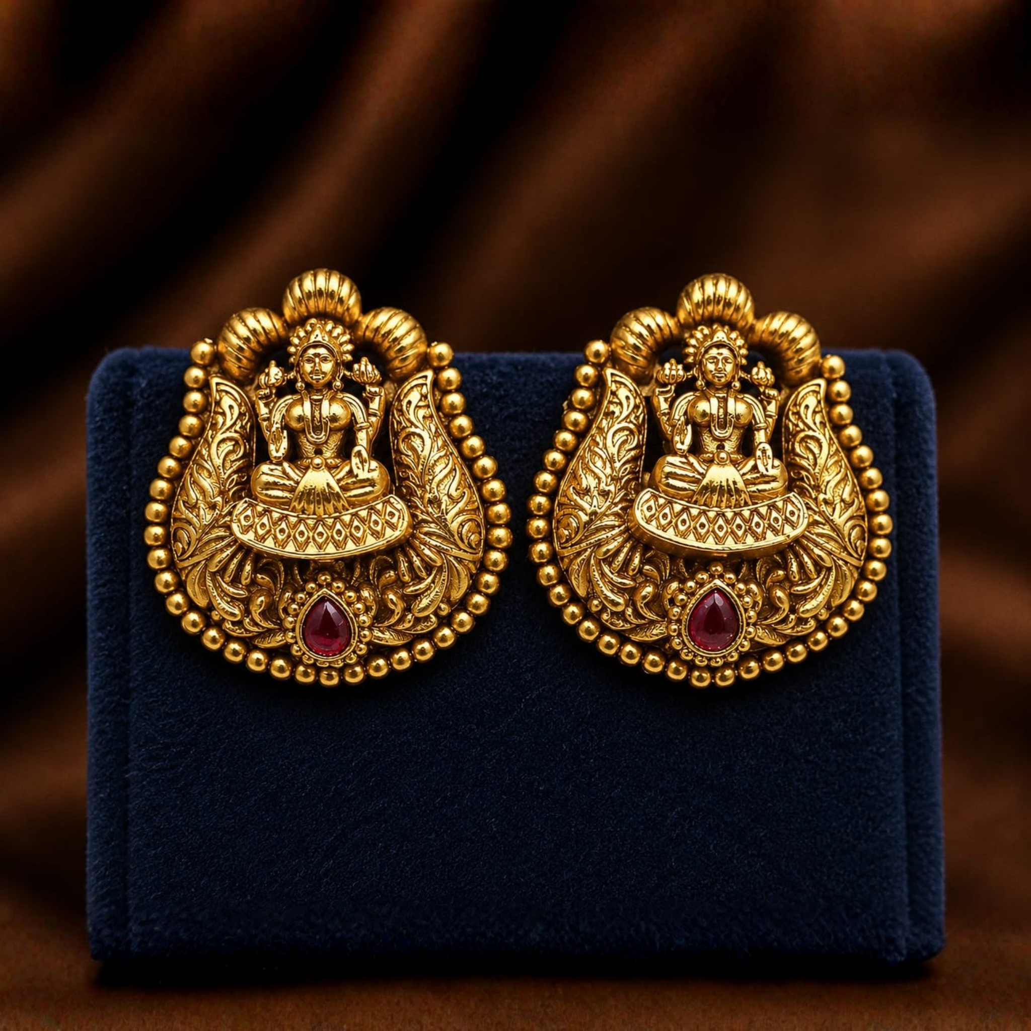 Temple Lakshmi Stud Earrings | Traditional Antique Gold Design | Premium Ethnic Jewellery