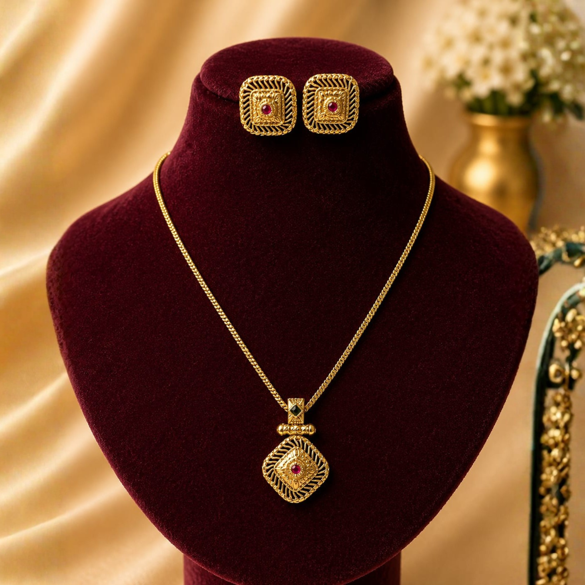 Geometric Ruby Pendant Set | Antique Gold Finish | Contemporary Traditional Jewellery