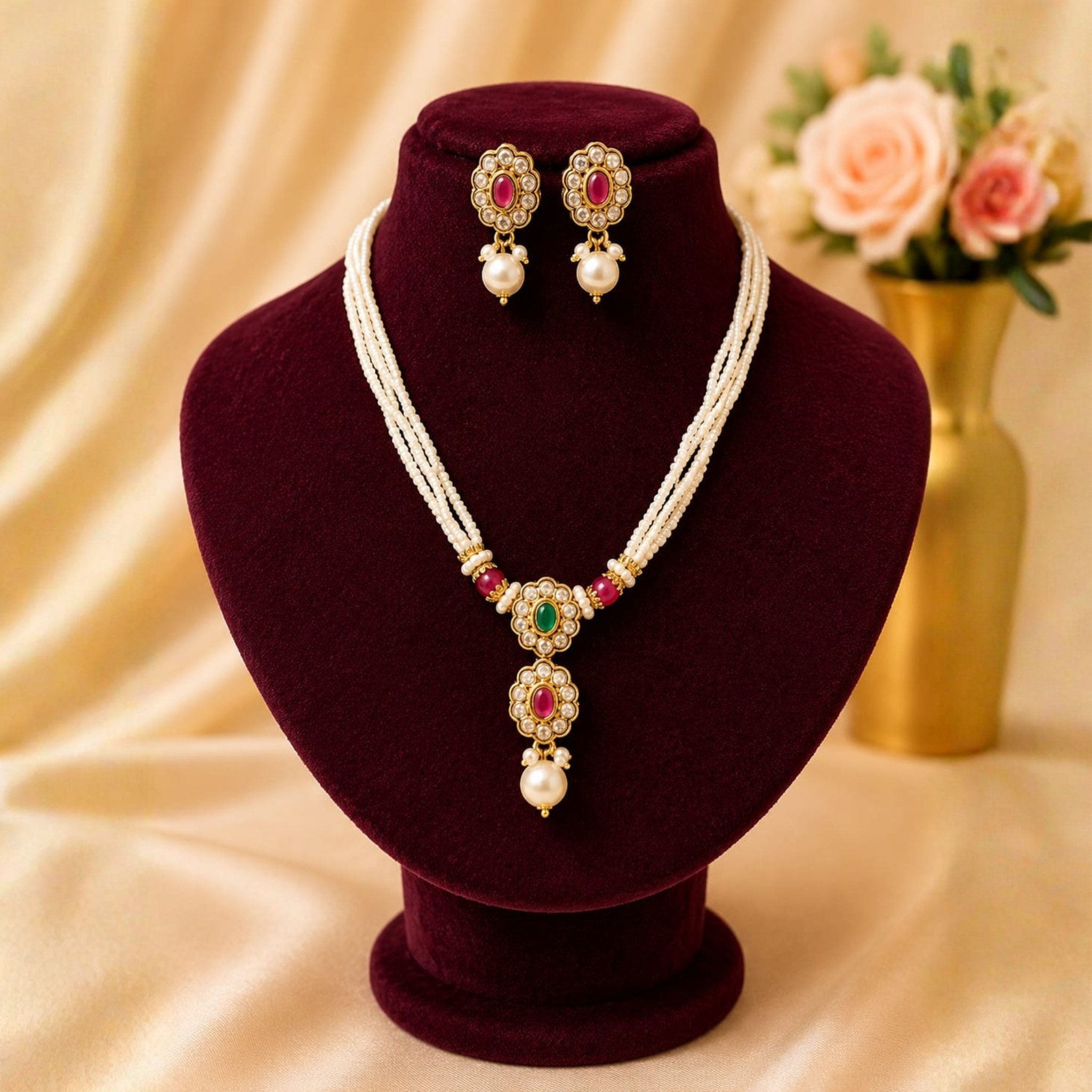 Pearl Strand Pendant Set | Ruby & Emerald Stone Design | Traditional Elegant Jewellery