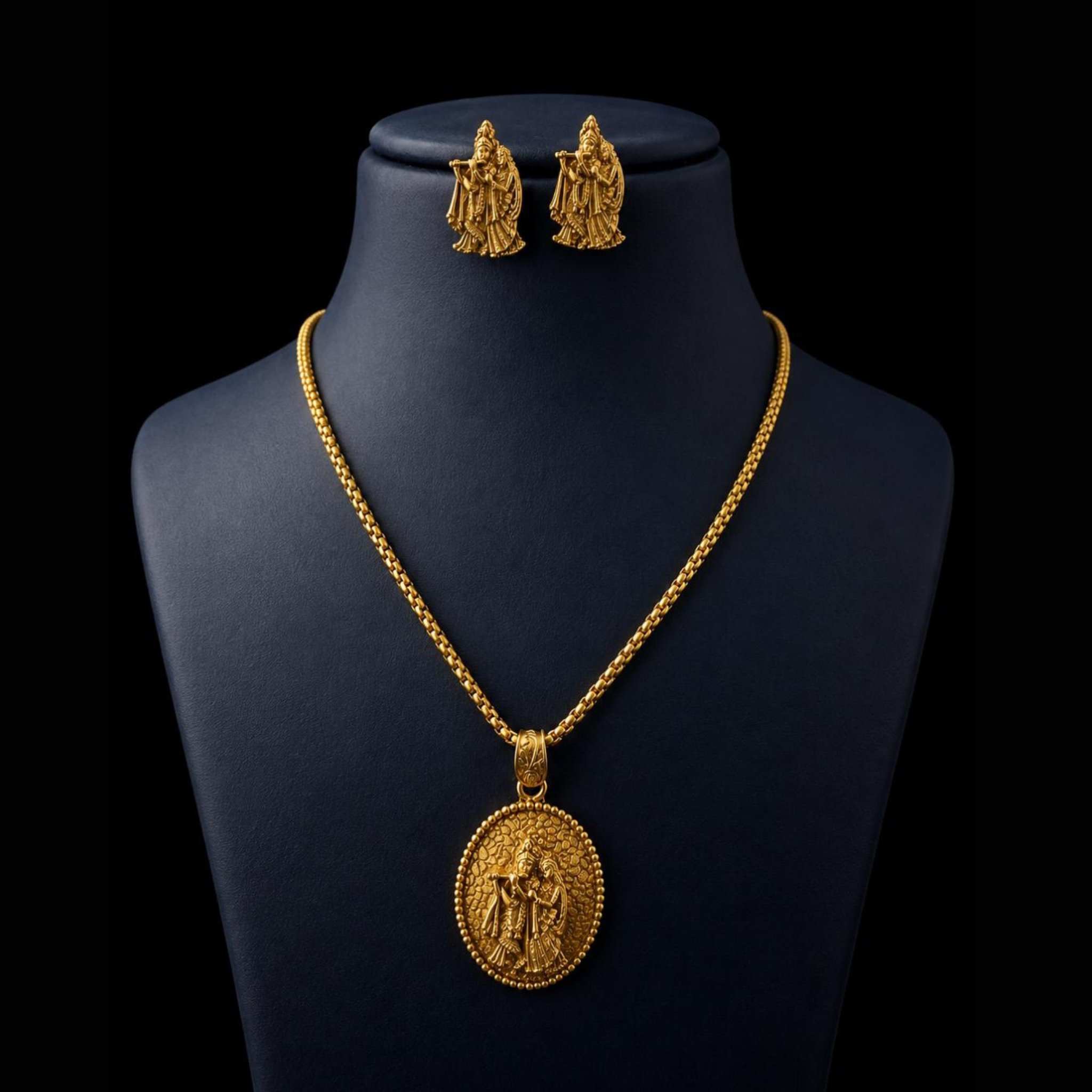 Radha Krishna Pendant Set | Antique Gold Finish | Traditional Devotional Jewellery