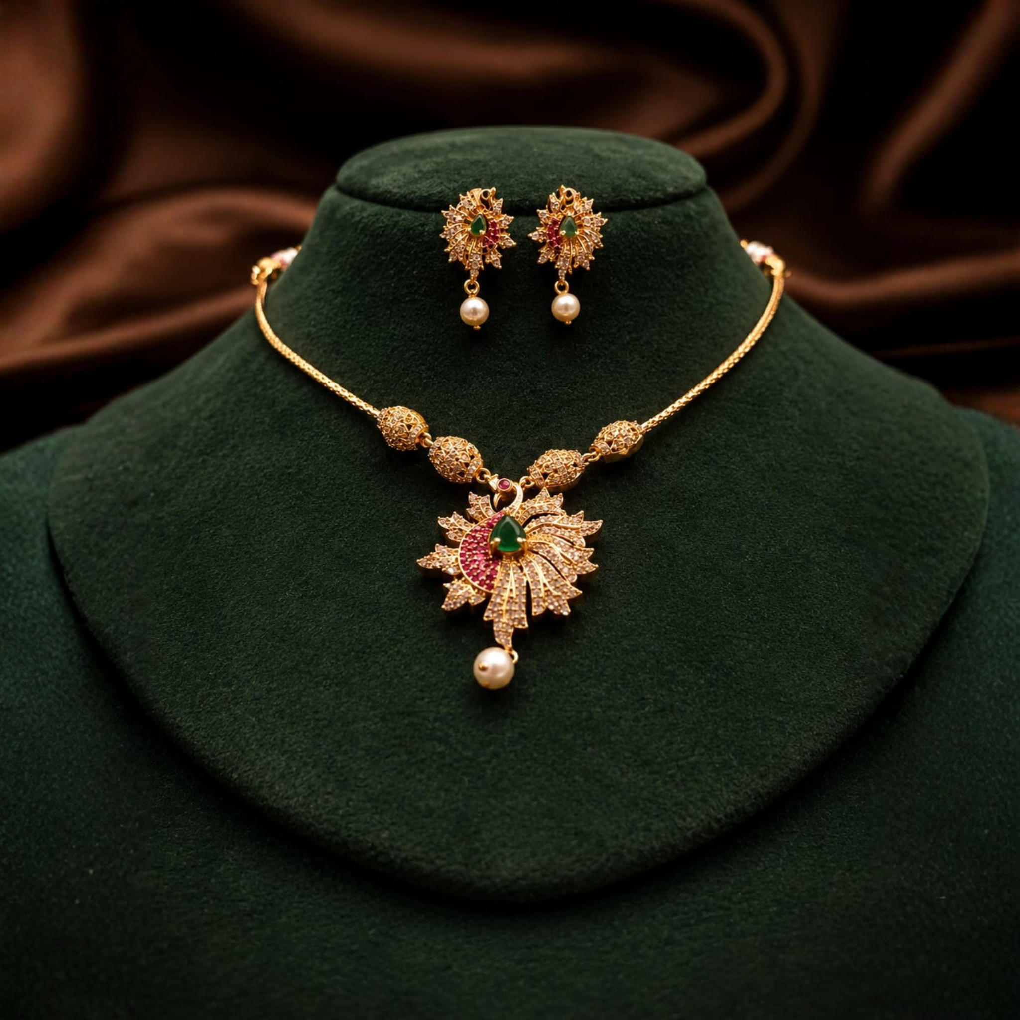 Peacock CZ Pendant Set | Pearl Drop Design | Premium Traditional Jewellery