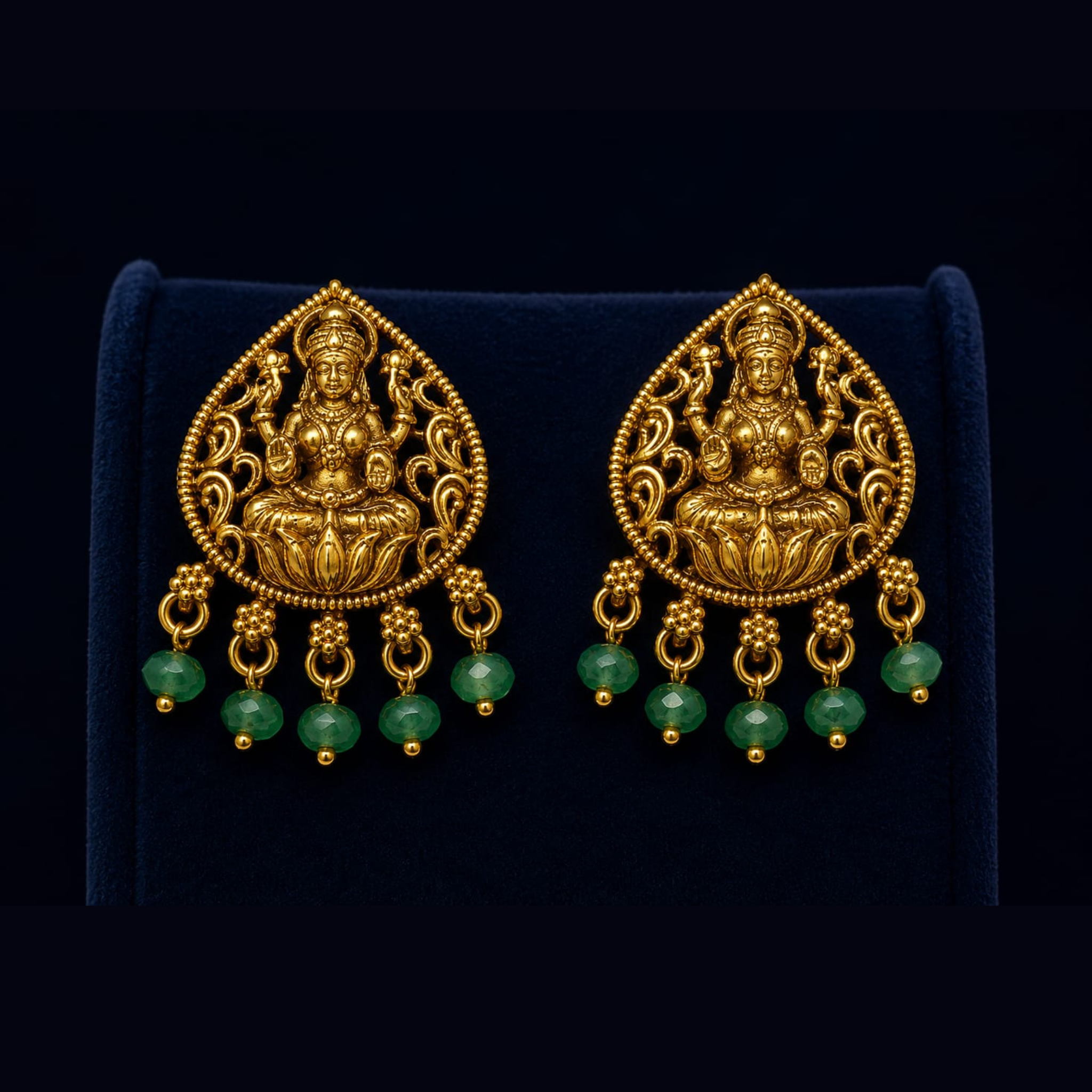 Temple Lakshmi Green Bead Earrings | Antique Gold Finish | Traditional Ethnic Jewellery