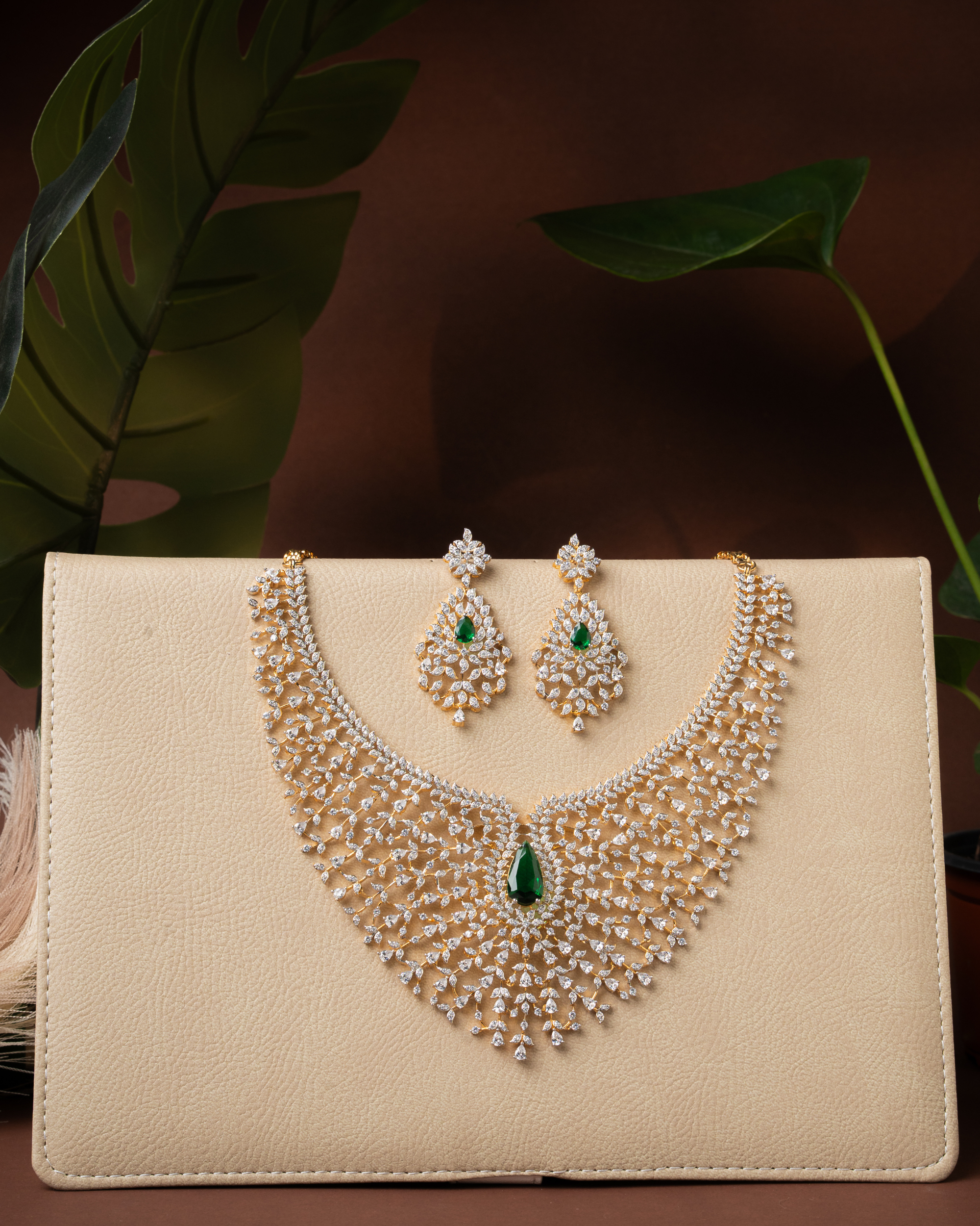 Emerald Drop Zircon Bridal Necklace Set