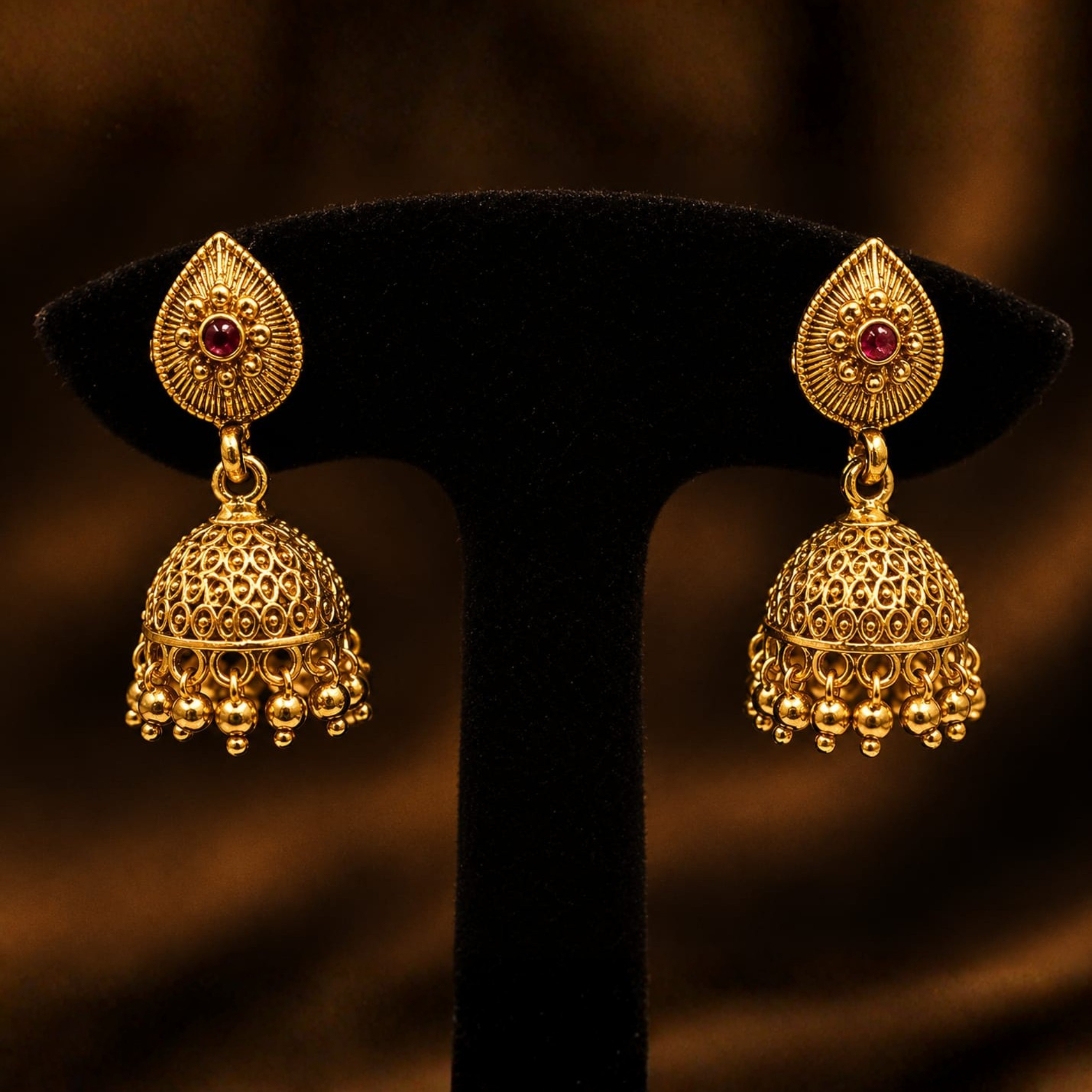 Traditional Gold Jhumka Earrings | Ruby Accent Design | Premium Antique Finish