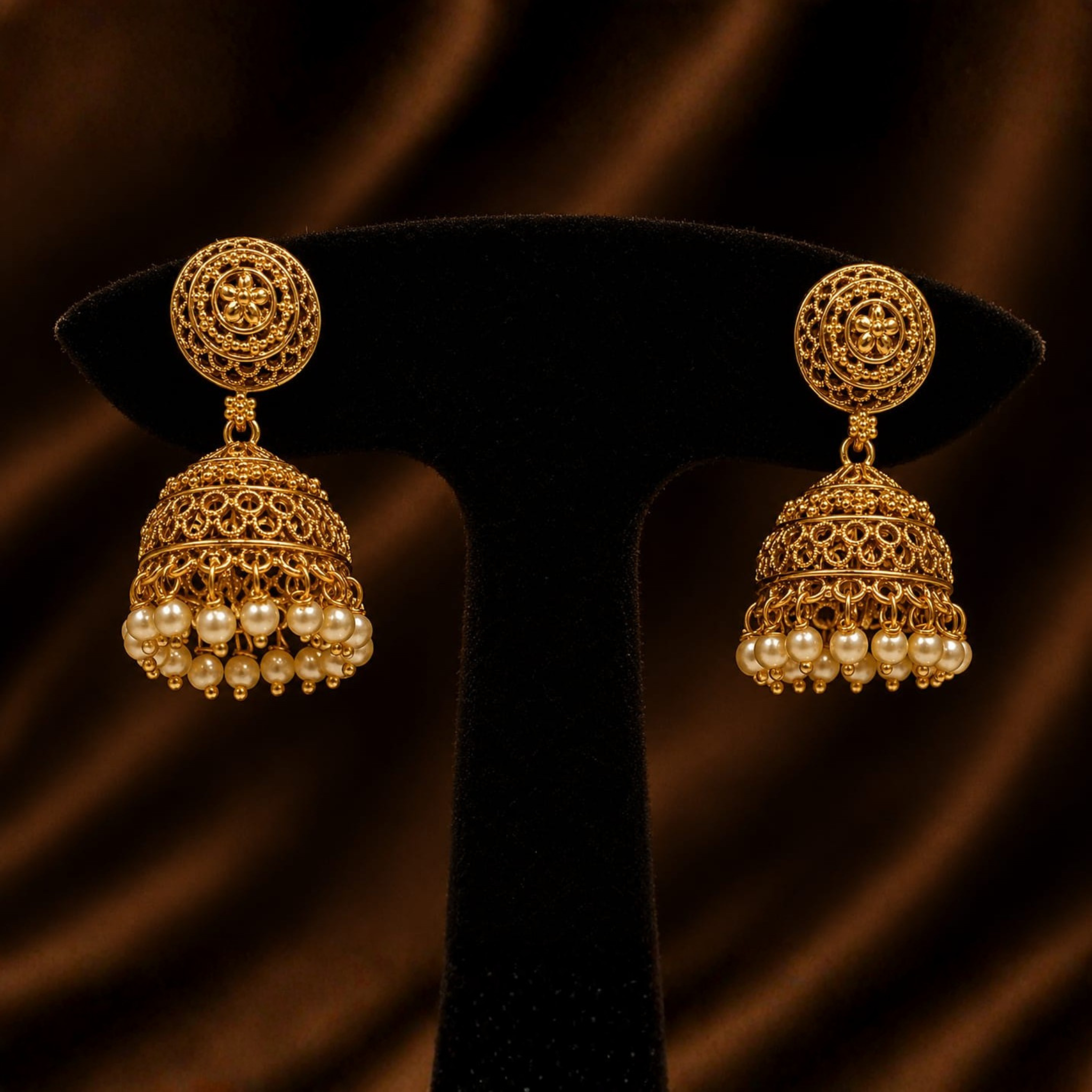 Pearl Drop Jhumka Earrings | Traditional Filigree Design | Premium Antique Gold Finish