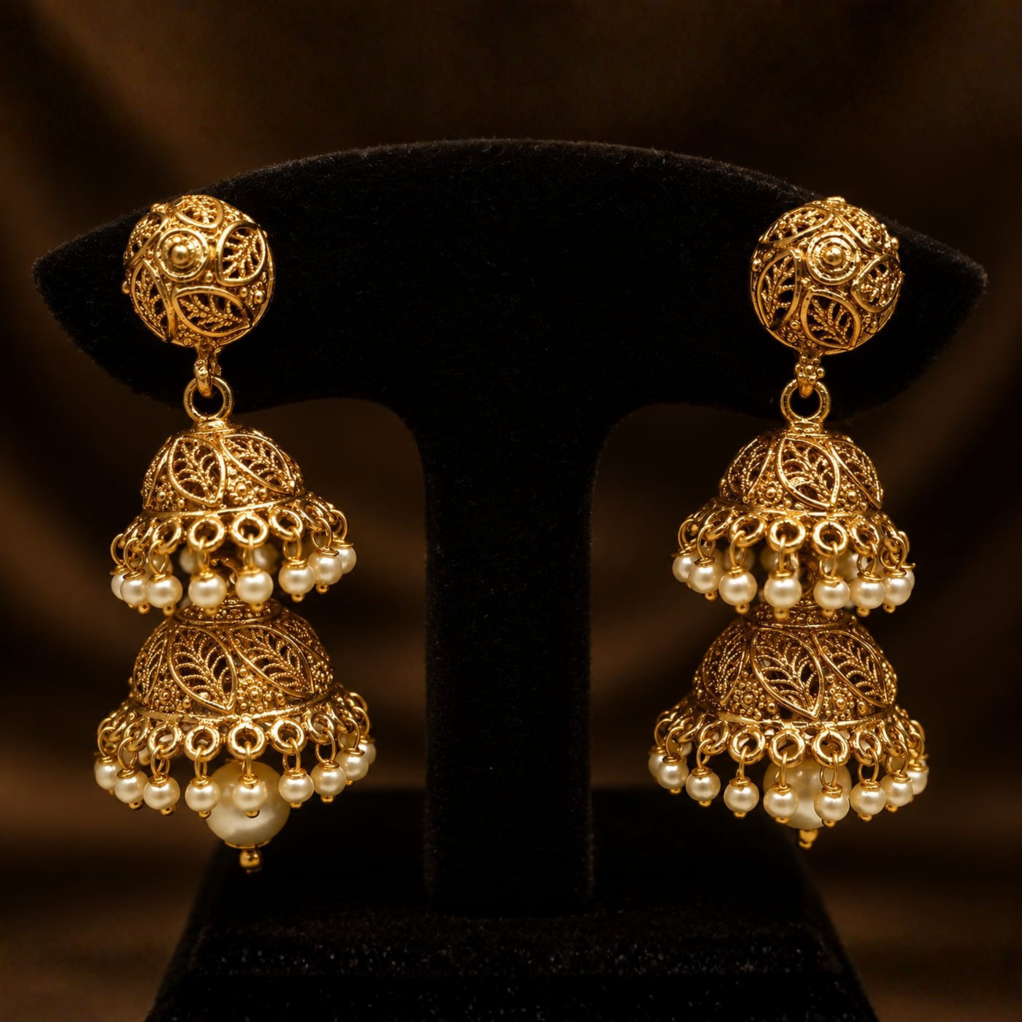 Double Layer Pearl Jhumka Earrings | Traditional Filigree Design | Premium Antique Gold Finish