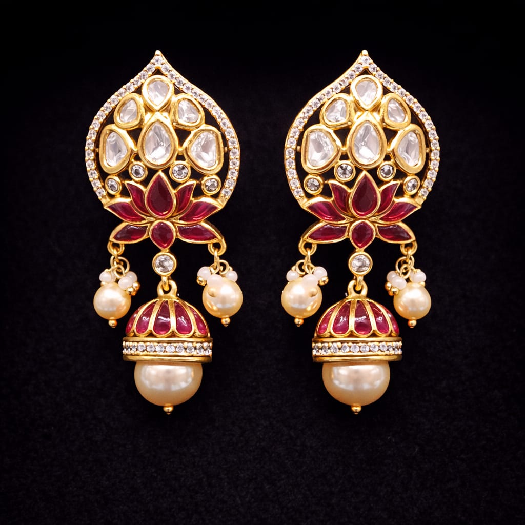 Lotus Kundan Jhumka Earrings