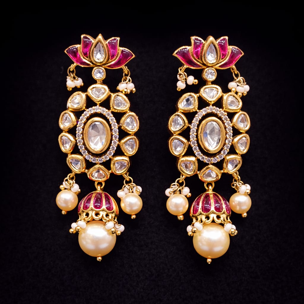 Lotus Kundan Jhumka Earrings