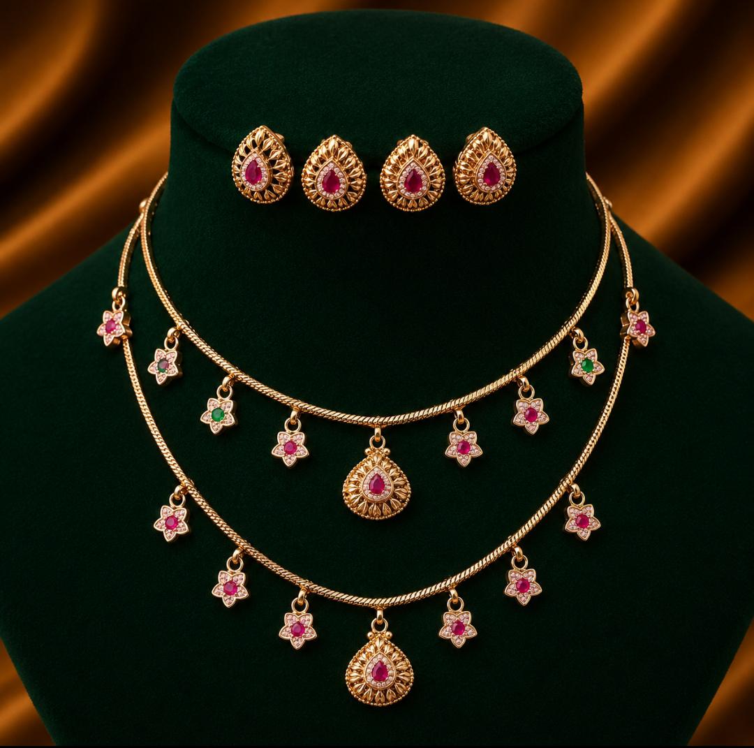 Layered Floral Necklace Set | Ruby & Emerald Stone Design | Traditional Ethnic Jewellery