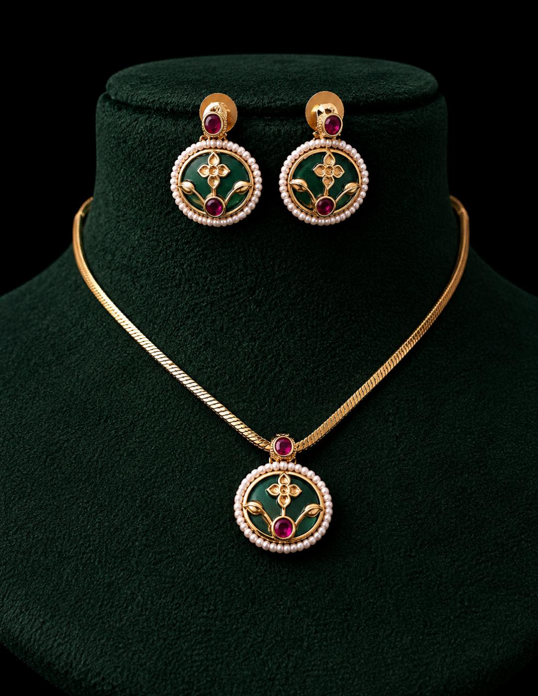 Floral Enamel Pendant Set | Pearl Accents | Traditional Designer Jewellery