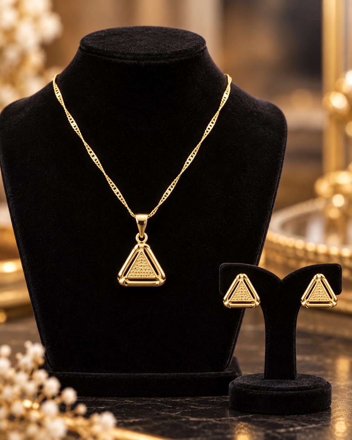 Geometric Triangle Gold Pendant & Earring Set