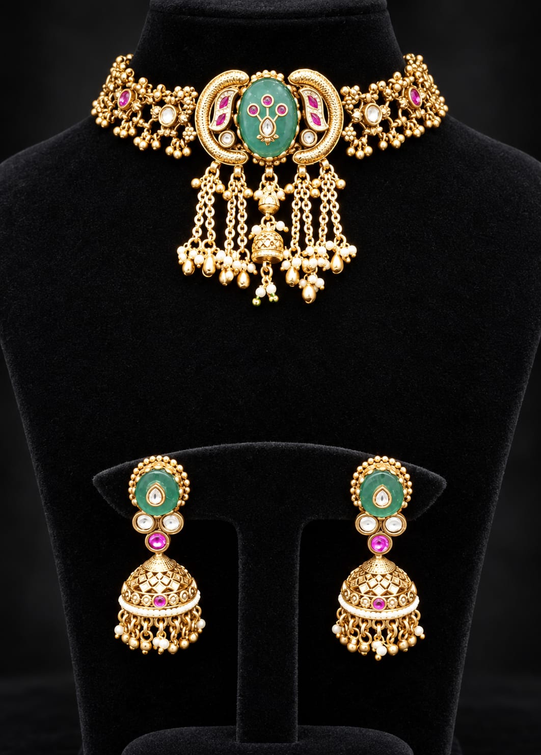 Handcrafted Gold-Plated Green Stone Choker Necklace Set with Earrings